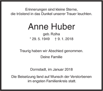 Traueranzeige von Anne Huber von SÜDWEST PRESSE Ausgabe Ulm/Neu-Ulm