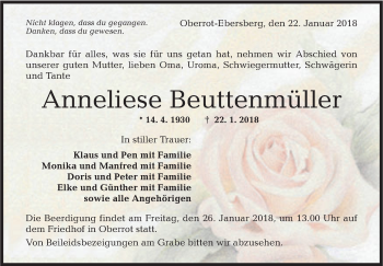 Traueranzeige von Anneliese Beuttenmüller von Rundschau Gaildorf