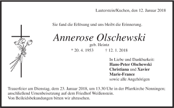 Traueranzeige von Annerose Olschewski von NWZ Neue Württembergische Zeitung/Geislinger Zeitung