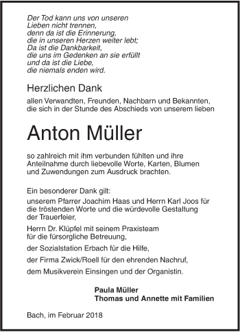 Traueranzeige von Anton Müller von SÜDWEST PRESSE Ausgabe Ulm/Neu-Ulm