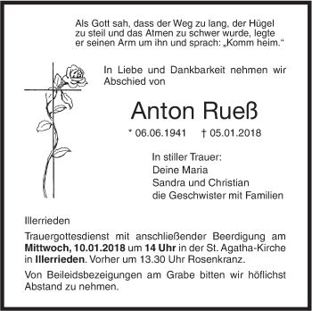 Traueranzeige von Anton Rueß von Illertal Bote