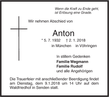 Traueranzeige von Anton Wegmann von SÜDWEST PRESSE Ausgabe Ulm/Neu-Ulm