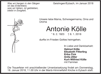 Traueranzeige von Antonie Kölle von Geislinger Zeitung