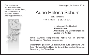 Traueranzeige von Aune Helena Schurr von NWZ Neue Württembergische Zeitung