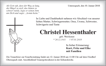 Traueranzeige von Christel Hessenthaler von Haller Tagblatt