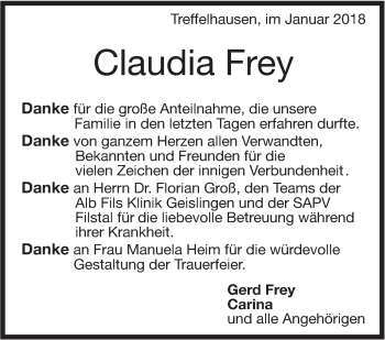 Traueranzeige von Claudia Frey von Geislinger Zeitung