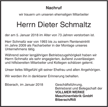 Traueranzeige von Dieter Schmaltz von SÜDWEST PRESSE Ausgabe Ulm/Neu-Ulm