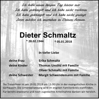 Traueranzeige von Dieter Schmaltz von SÜDWEST PRESSE Ausgabe Ulm/Neu-Ulm