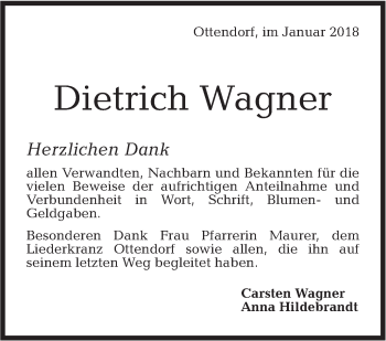 Traueranzeige von Dietrich Wagner von Rundschau Gaildorf