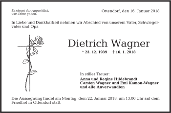 Traueranzeige von Dietrich Wagner von Rundschau Gaildorf