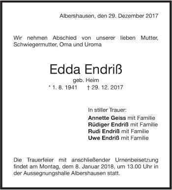 Traueranzeige von Edda Endriß von NWZ Neue Württembergische Zeitung