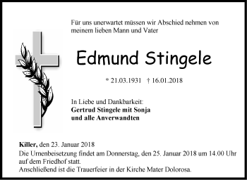 Traueranzeige von Edmund Stingele von Hohenzollerische Zeitung