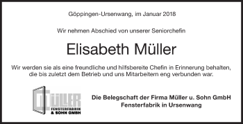 Traueranzeige von Elisabeth Müller von NWZ Neue Württembergische Zeitung