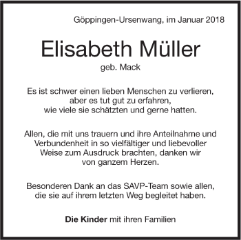 Traueranzeige von Elisabeth Müller von NWZ Neue Württembergische Zeitung