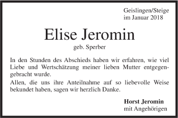 Traueranzeige von Elise Jeromin von Geislinger Zeitung