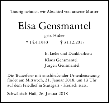 Traueranzeige von Elsa Gensmantel von Haller Tagblatt