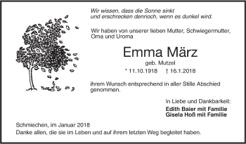 Traueranzeige von Emma März von Ehinger Tagblatt