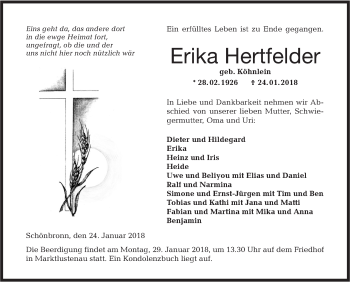 Traueranzeige von Erika Hertfelder von Hohenloher Tagblatt