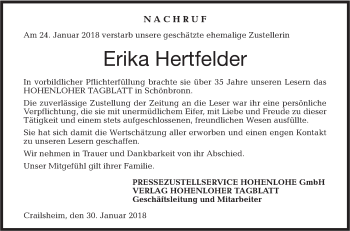 Traueranzeige von Erika Hertfelder von Hohenloher Tagblatt