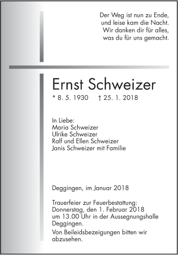 Traueranzeige von Ernst Schweizer von Geislinger Zeitung