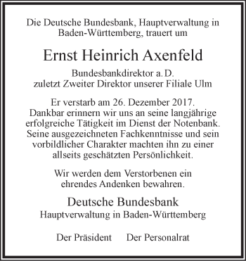 Traueranzeige von Ernst Heinrich Axenfeld von SÜDWEST PRESSE Ausgabe Ulm/Neu-Ulm