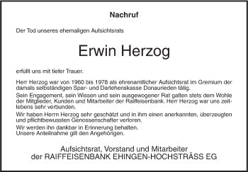 Traueranzeige von Erwin Herzog von Ehinger Tagblatt