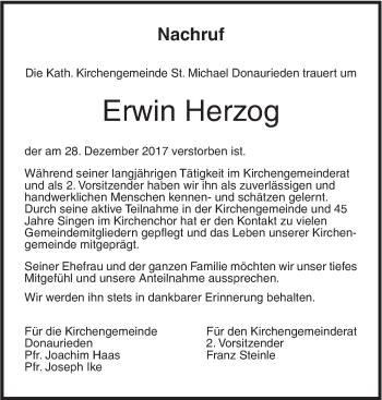 Traueranzeige von Erwin Herzog von Ehinger Tagblatt