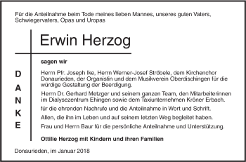 Traueranzeige von Erwin Herzog von SÜDWEST PRESSE Ausgabe Ulm/Neu-Ulm