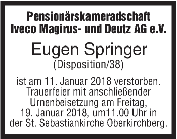 Traueranzeige von Eugen Springer von SÜDWEST PRESSE Ausgabe Ulm/Neu-Ulm