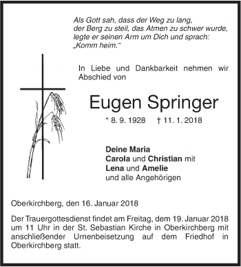 Traueranzeige von Eugen Springer von SÜDWEST PRESSE Ausgabe Ulm/Neu-Ulm