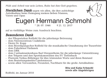 Traueranzeige von Eugen Hermann Schmohl von Hohenloher Tagblatt