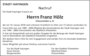 Traueranzeige von Franz Hölz von Alb-Bote/Metzinger-Uracher Volksblatt