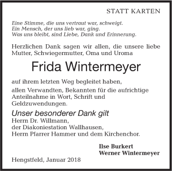 Traueranzeige von Frida Wintermeyer von Hohenloher Tagblatt