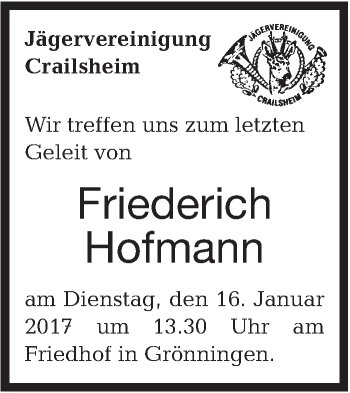 Traueranzeige von Friedrich Hofmann von Hohenloher Tagblatt