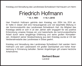 Traueranzeige von Friedrich Hofmann von Hohenloher Tagblatt