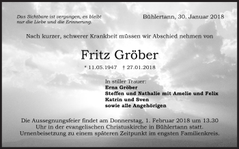 Traueranzeige von Fritz Gröber von Haller Tagblatt