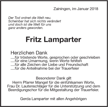 Traueranzeige von Fritz Lamparter von Metzinger-Uracher Volksblatt