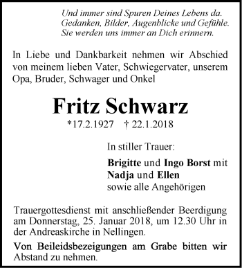 Traueranzeige von Fritz Schwarz von SÜDWEST PRESSE Ausgabe Ulm/Neu-Ulm