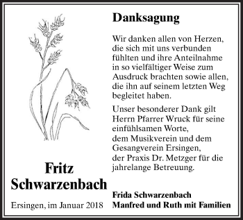 Traueranzeige von Fritz Schwarzenbach von Ehinger Tagblatt