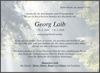 Traueranzeige von Georg Laib von SÜDWEST PRESSE Ausgabe Ulm/Neu-Ulm