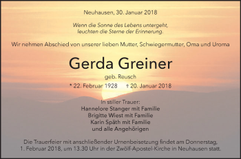 Traueranzeige von Gerda Greiner von Metzinger-Uracher Volksblatt