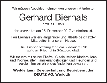 Traueranzeige von Gerhard Bierhals von SÜDWEST PRESSE Ausgabe Ulm/Neu-Ulm