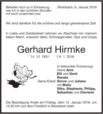 Traueranzeige von Gerhard Hirmke von NWZ Neue Württembergische Zeitung