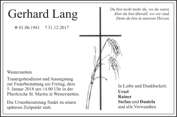 Traueranzeige von Gerhard Lang von SÜDWEST PRESSE Ausgabe Ulm/Neu-Ulm