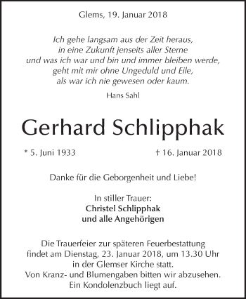 Traueranzeige von Gerhard Schlipphak von Metzinger-Uracher Volksblatt