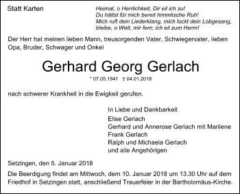 Traueranzeige von Gerhard Georg Gerlach von SÜDWEST PRESSE Ausgabe Ulm/Neu-Ulm