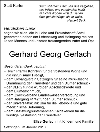 Traueranzeige von Gerhard Georg Gerlach von SÜDWEST PRESSE Ausgabe Ulm/Neu-Ulm