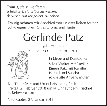 Traueranzeige von Gerlinde Patz von Haller Tagblatt