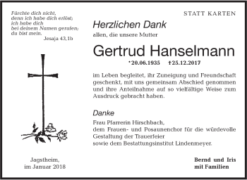 Traueranzeige von Gertrud Hanselmann von Hohenloher Tagblatt