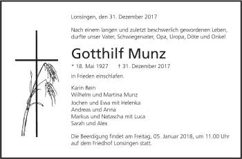 Traueranzeige von Gotthilf Munz von Alb-Bote/Metzinger-Uracher Volksblatt